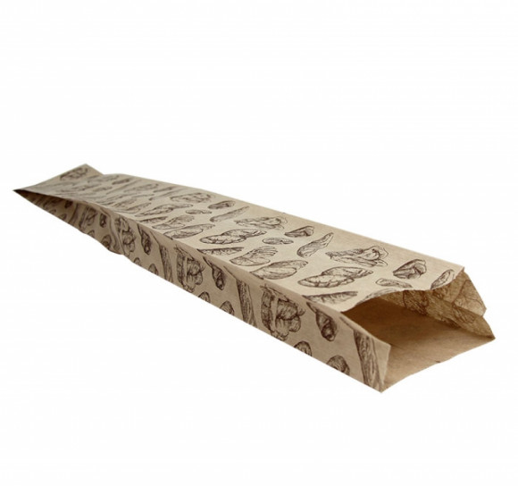 Пакет бумажный 100х50х600 мм крафт, для хлеба, принт Булки, 40г