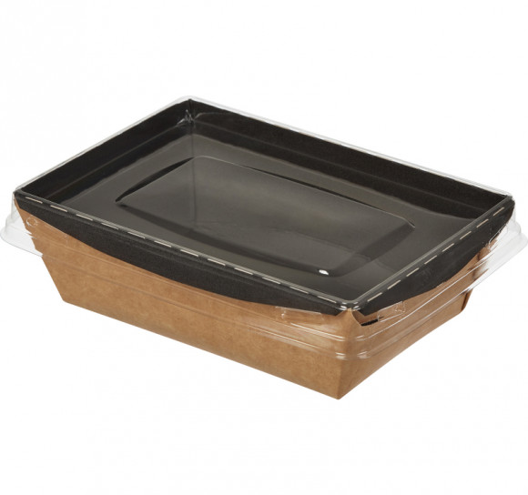 Контейнер бумажный Crystal Box 400мл с прозрачной крышкой 141х117х45мм, черный/крафт с прямым дном