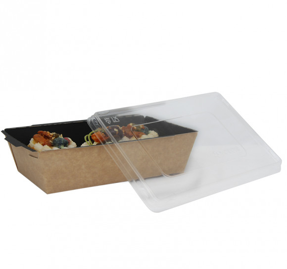 Контейнер бумажный Crystal Box 800мл с прозрачной крышкой 220х140х45мм, черный/крафт с прямым дном